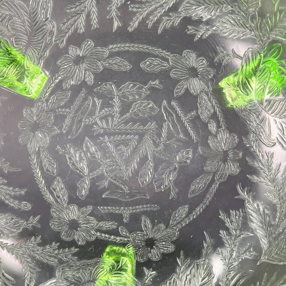 Vtg US Glass Rose Thorn Green Depression Vaseline Uranium Bowl 3 Toe Footed 30s - Picture 7 of 16